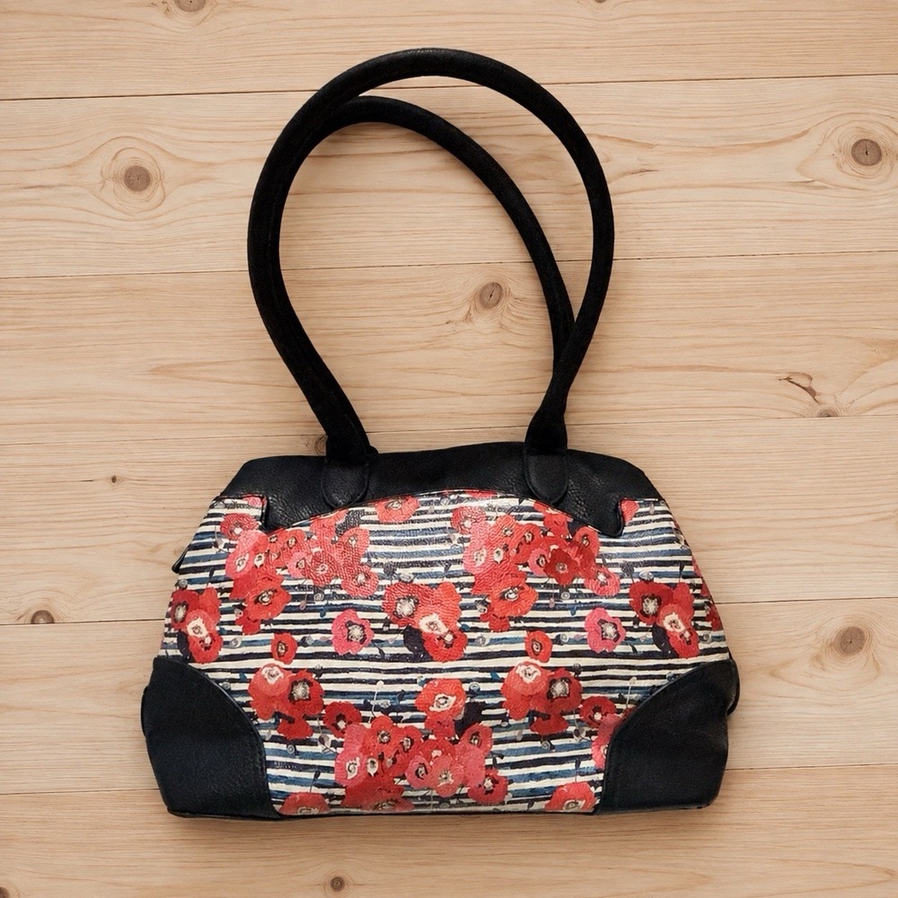 Bueno Floral Striped Satchel Handbag Black Red Double Handles Multi Compartment